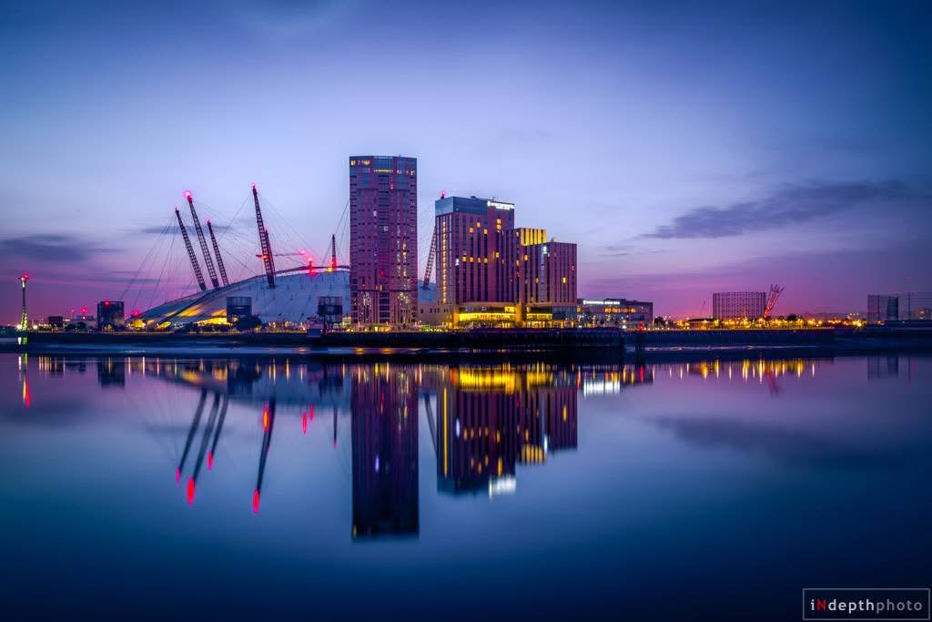 O2 and London skyline reflected at twilight