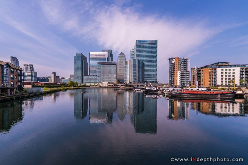 Canary Wharf skyline reflected in water