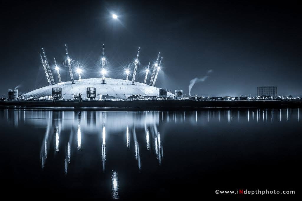 O2 arena reflected at night