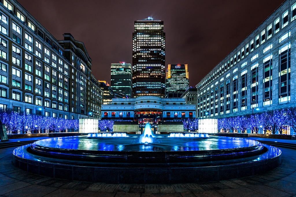Cabot Square fountains and towers at night